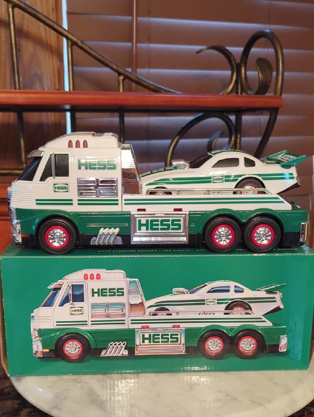 HESS 2016!Green & White Toy Car Carrier Truck with Dragster